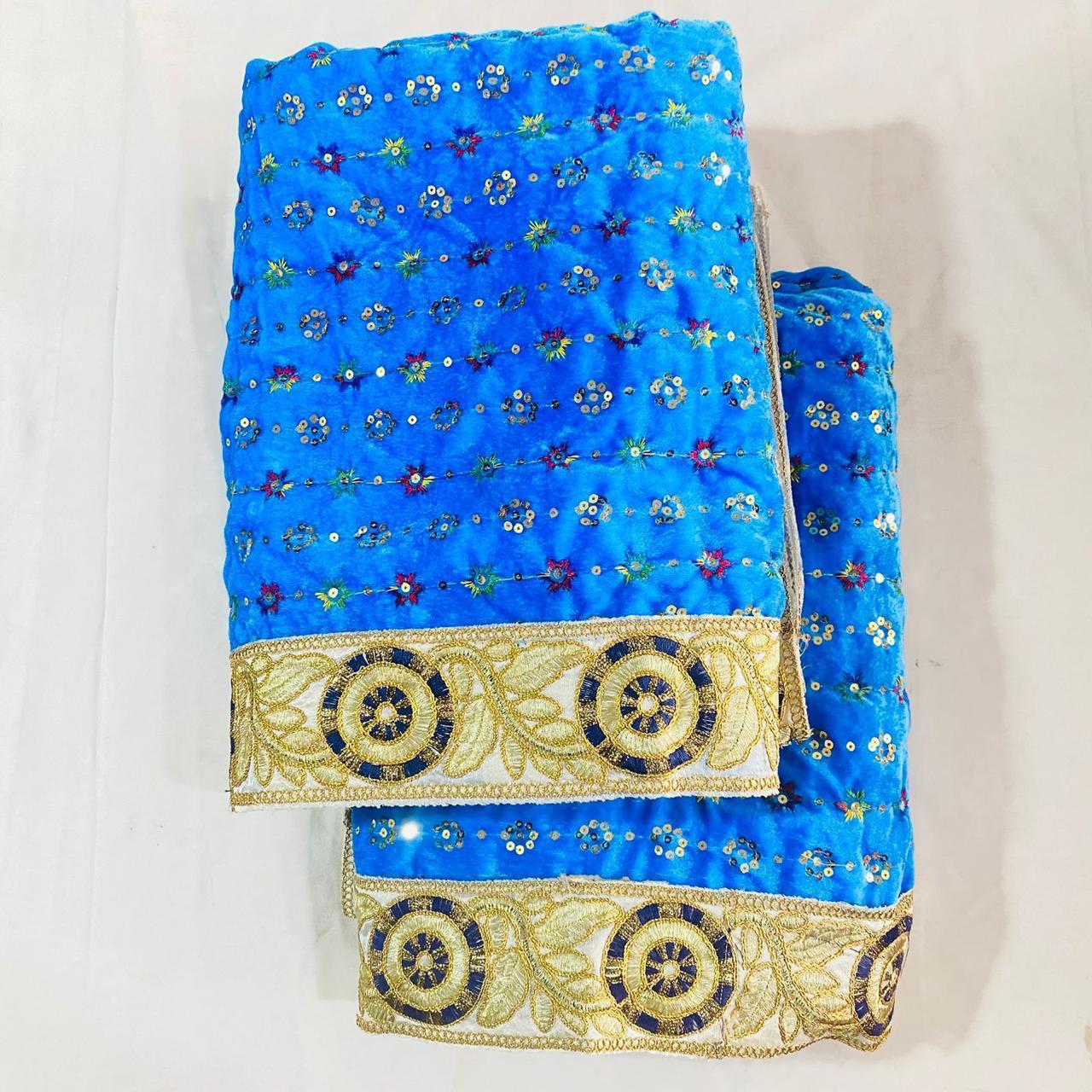 Sri Sadguru Sai Baba Vastra Set for Shirdi Temple – Blue Embroidered Fabric with Gold and Black Patterns