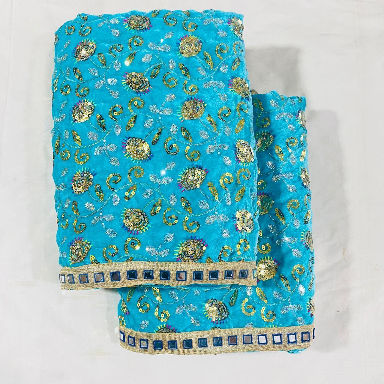 Sri Sadguru Sai Baba Vastra Set for Shirdi Temple – Blue Embroidered Fabric with Gold and Green Patterns