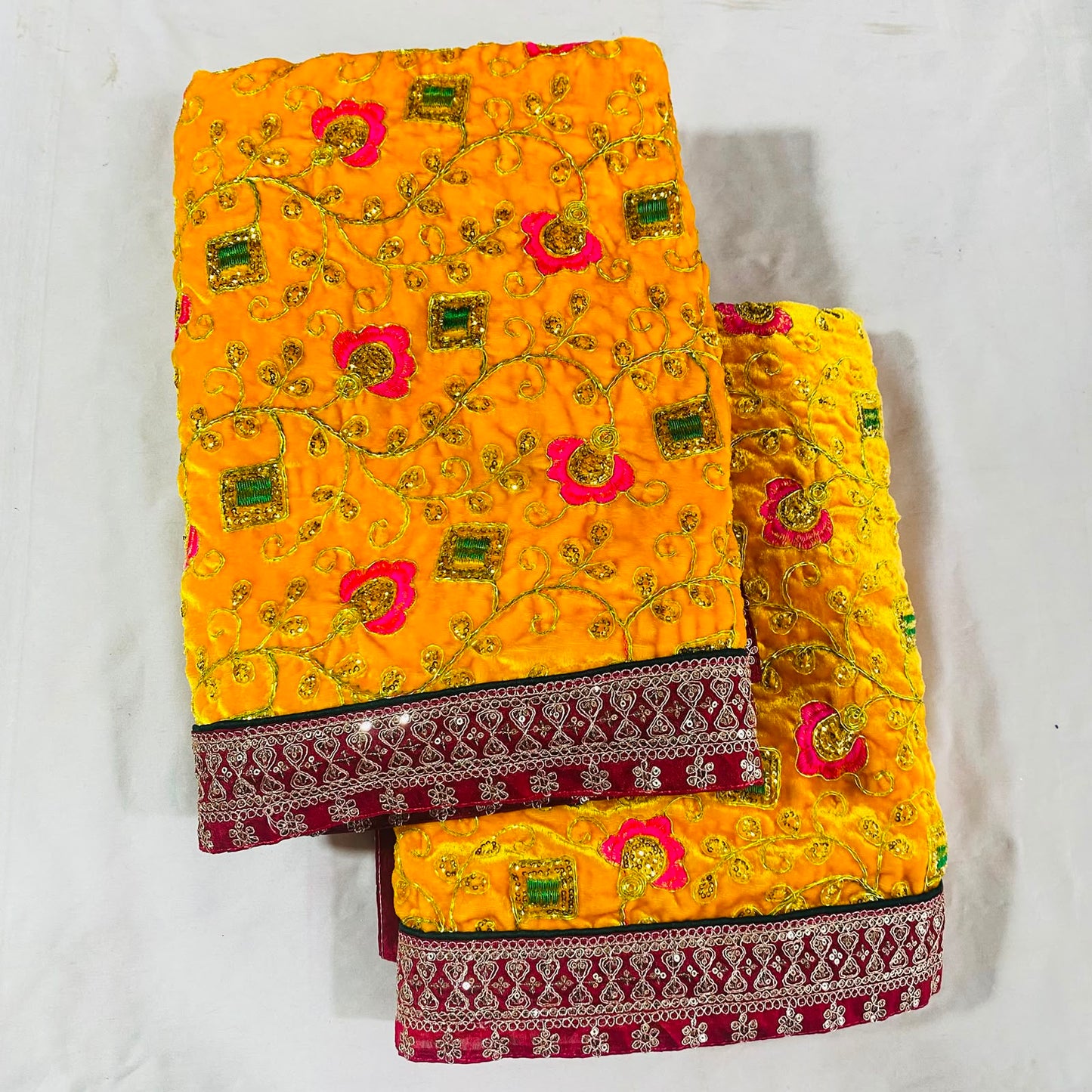 Shirdi Sai Baba Velvet Vastra Set | Samadhi Cloth, Head & Neck Scarf for Idol Decoration – Velvet Fabric with Yellow & Maroon Border with Floral Design