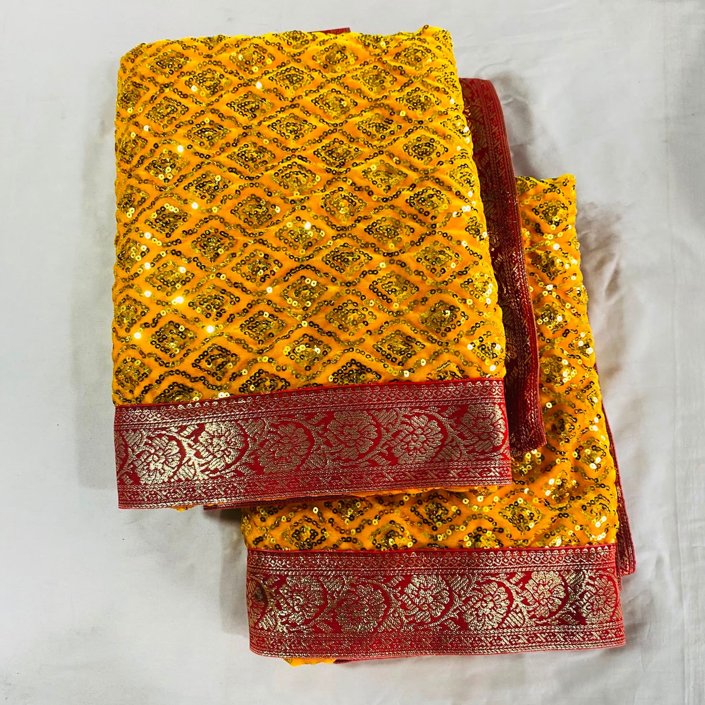 Shirdi Sai Baba Velvet Vastra Set | Samadhi Cloth, Head & Neck Scarf for Idol Decoration – Velvet Fabric with Yellow & Maroon Border With Gold Combination