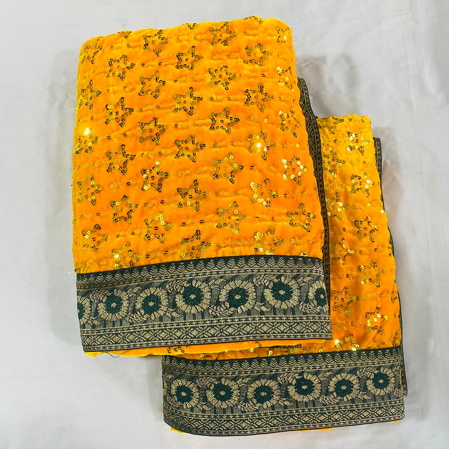 Shirdi Sai Baba Velvet Vastra Set | Samadhi Cloth, Head & Neck Scarf for Idol Decoration – Velvet Fabric with Yellow & Green Border and Golden Design