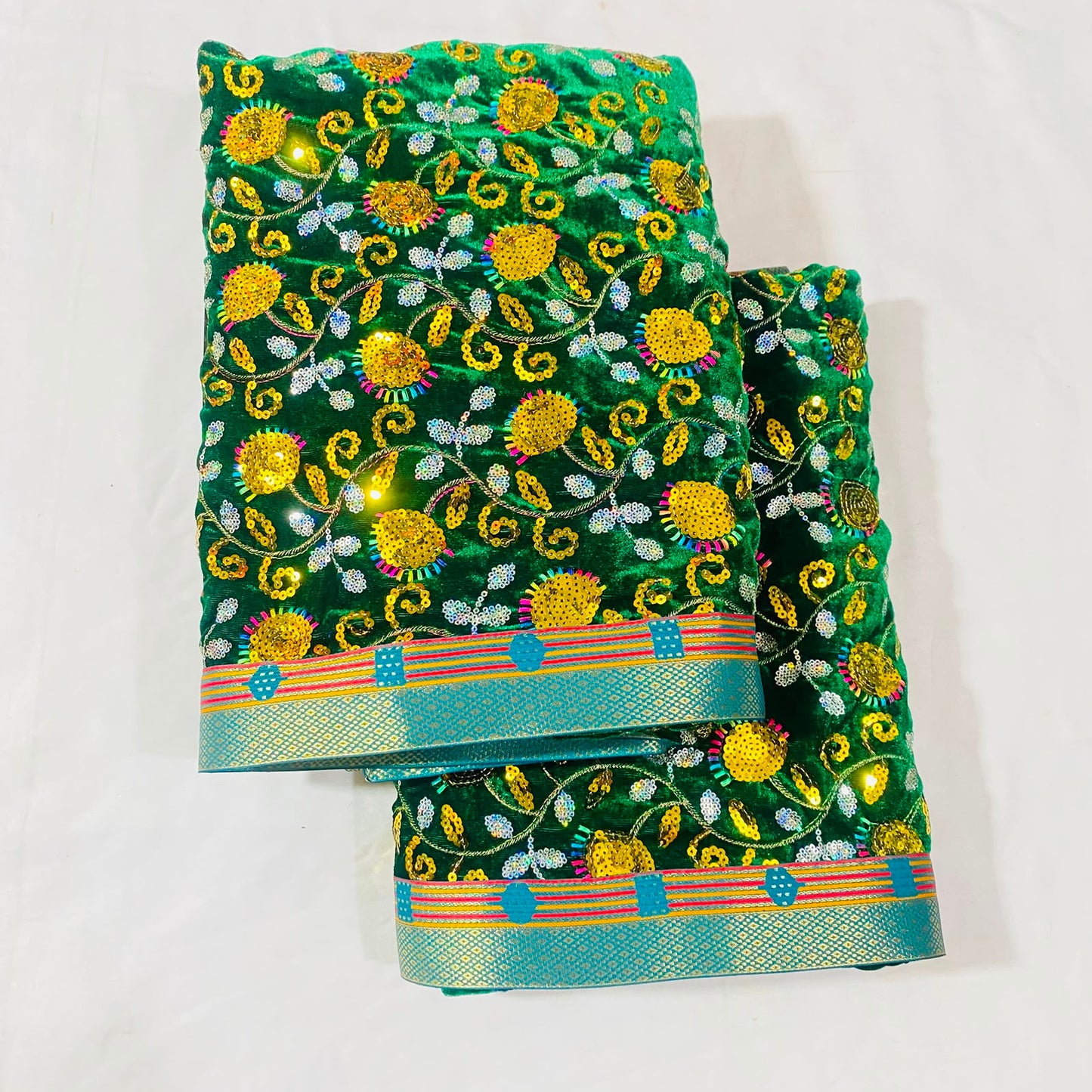 Shirdi Sai Baba Velvet Vastra Set | Samadhi Cloth, Head & Neck Scarf for Idol Decoration – Velvet Fabric with Dark Green, Multi Floral Design & Blue-Gold Border