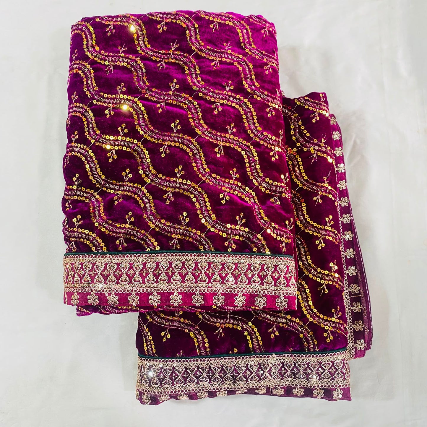 Shirdi Sai Baba Velvet Vastra Set | Samadhi Cloth, Head & Neck Scarf for Idol Decoration – Velvet Fabric with Magenta Pink & Golden Embroidery Design