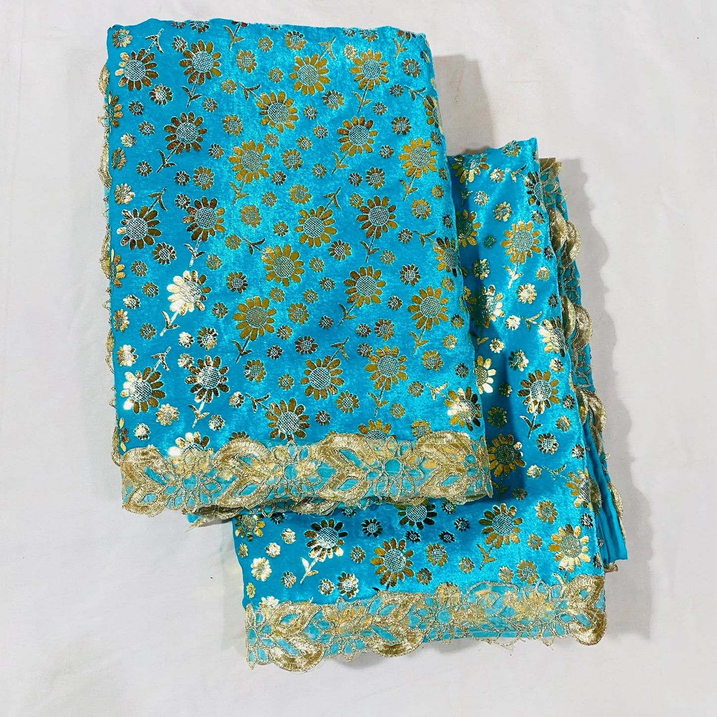 Shirdi Sai Baba Velvet Vastra Set | Samadhi Cloth, Head & Neck Scarf for Idol Decoration – Velvet Fabric with Blue & Golden Floral Design and Border