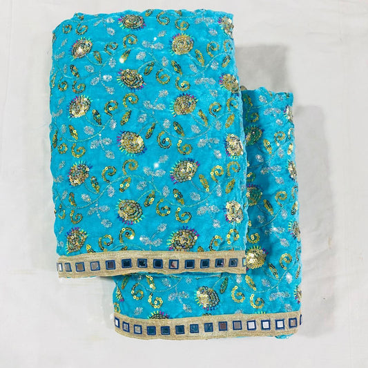 Sri Sadguru Sai Baba Vastra Set for Shirdi Temple – Blue Embroidered Fabric with Gold and Green Patterns