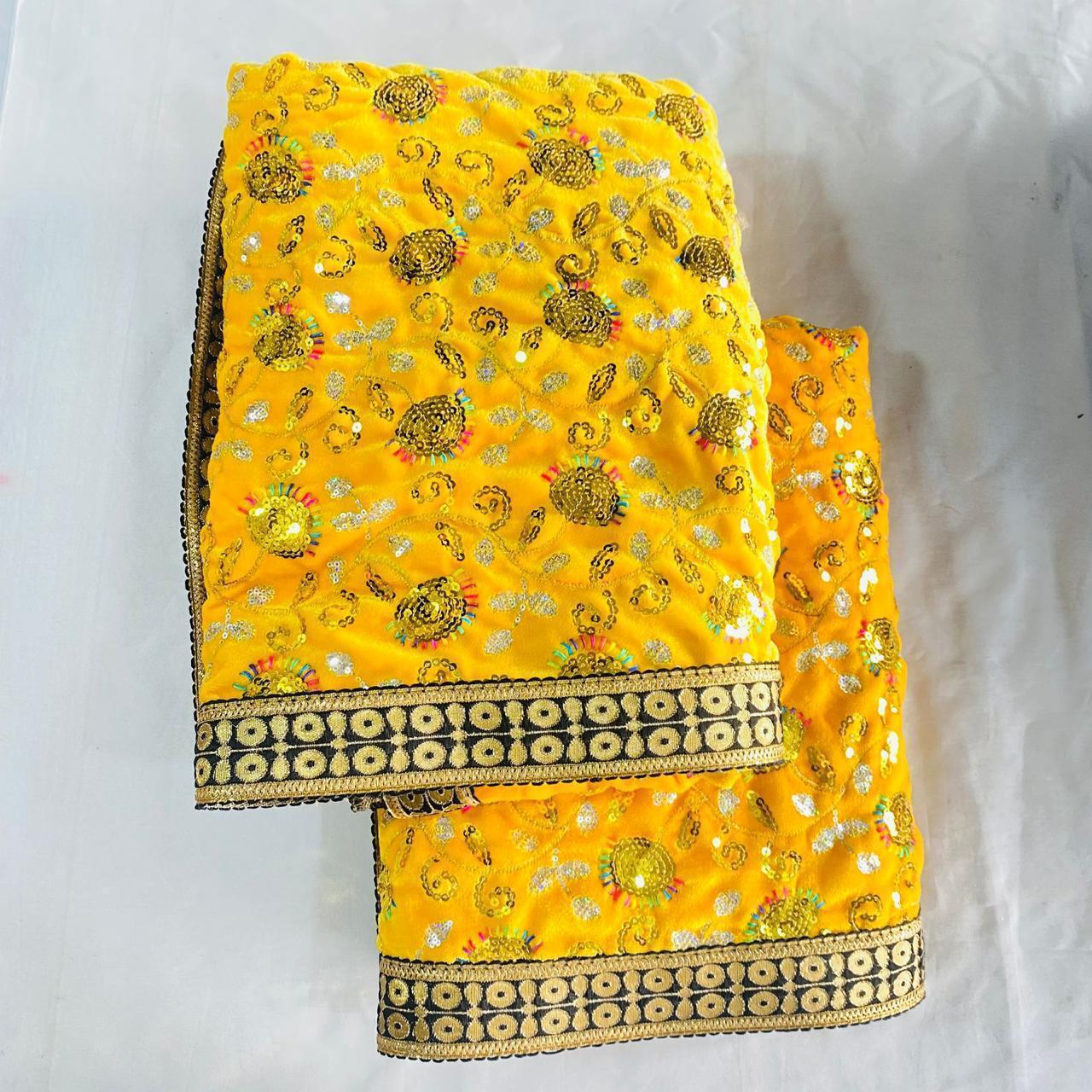 Sri Sadguru Sai Baba Vastra Set for Shirdi Temple – Yellow Fabric with Intricate Black and Gold Patterns