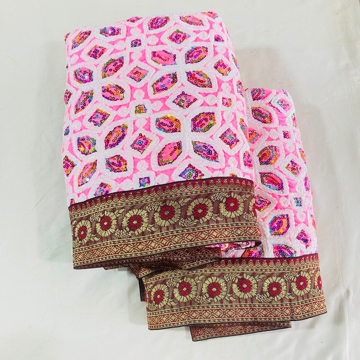 Sri Sadguru Sai Baba Vastra Set for Shirdi Temple – Velvet Fabric with Floral Patterns and White & Pink Border