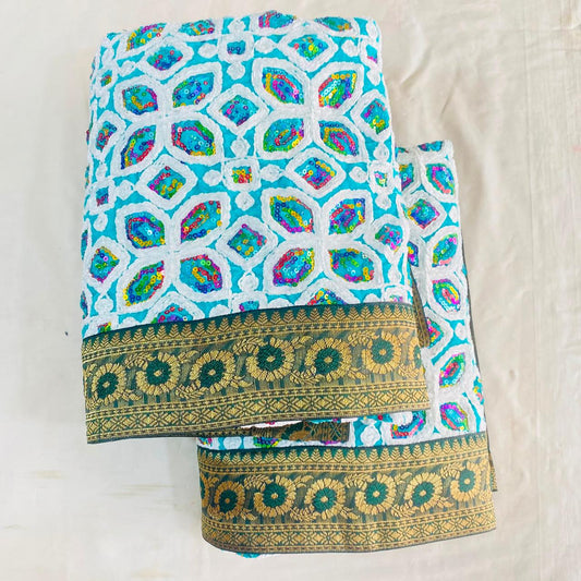 Shirdi Sai Baba Velvet Vastra Set | Samadhi Cloth, Head & Neck Scarf for Idol Decoration – Velvet Fabric with Sky Blue & Gold Border