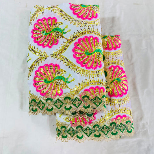 Shirdi Sai Baba Velvet Vastra Set | Samadhi Cloth, Head & Neck Scarf for Idol Decoration – Velvet Fabric with White & Pink Border and Peacock Design
