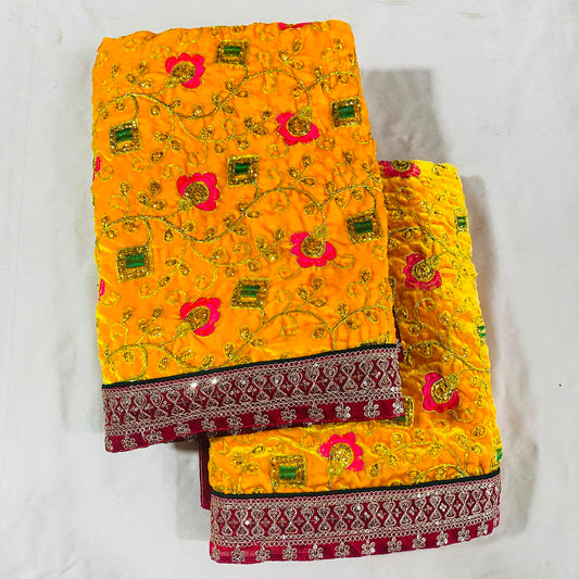 Shirdi Sai Baba Velvet Vastra Set | Samadhi Cloth, Head & Neck Scarf for Idol Decoration – Velvet Fabric with Yellow & Maroon Border with Floral Design