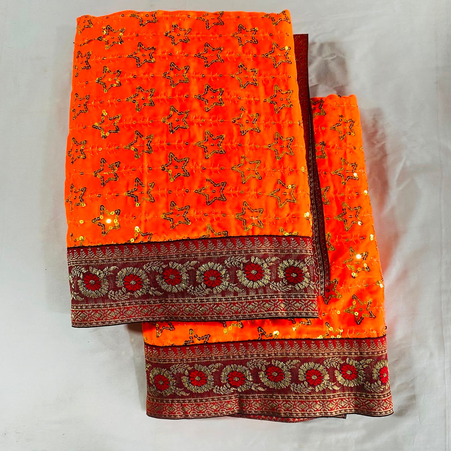 Shirdi Sai Baba Velvet Vastra Set | Samadhi Cloth, Head & Neck Scarf for Idol Decoration – Velvet Fabric with Orange & Red Border and Golden Star Design