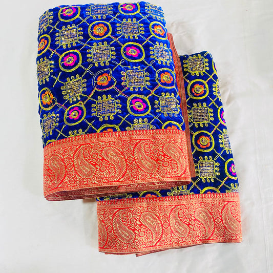 Shirdi Sai Baba Velvet Vastra Set | Samadhi Cloth, Head & Neck Scarf for Idol Decoration – Velvet Fabric with Blue & Red Border and Multi Floral Design