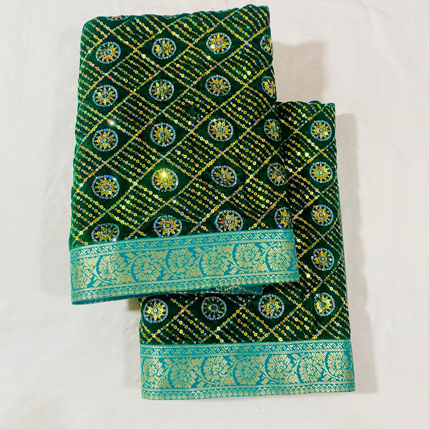 Shirdi Sai Baba Velvet Vastra Set | Samadhi Cloth, Head & Neck Scarf for Idol Decoration – Velvet Fabric with Dark Green Geometric Design & Teal-Gold Border