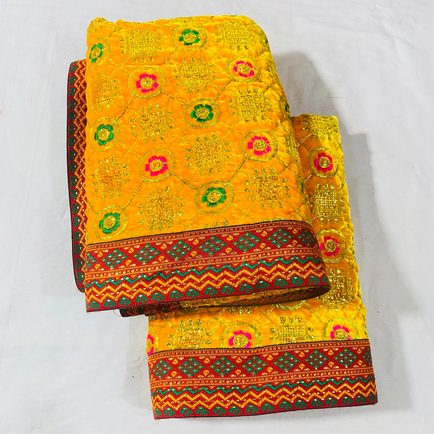 Shirdi Sai Baba Velvet Vastra Set | Samadhi Cloth, Head & Neck Scarf for Idol Decoration – Velvet Fabric with Yellow, Multi-Colour Embroidery & Red-Green Border