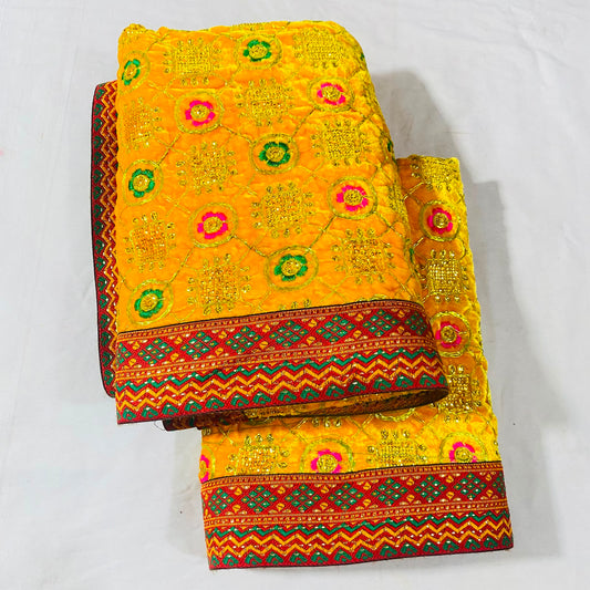 Shirdi Sai Baba Velvet Vastra Set | Samadhi Cloth, Head & Neck Scarf for Idol Decoration – Velvet Fabric with Yellow, Multi-Colour Embroidery & Red-Green Border