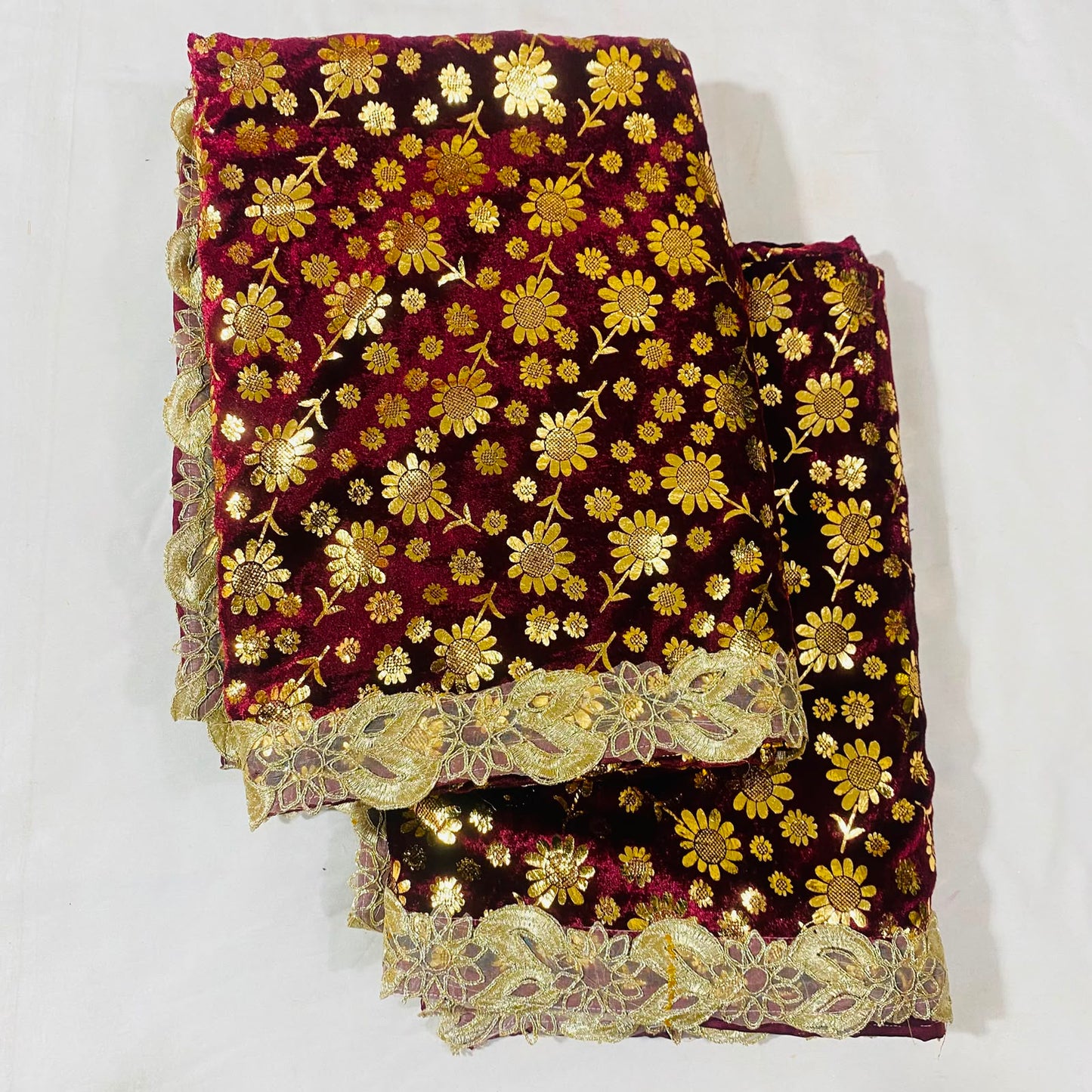 Shirdi Sai Baba Velvet Vastra Set | Samadhi Cloth, Head & Neck Scarf for Idol Decoration – Velvet Fabric with Maroon & Golden Floral Design and Border