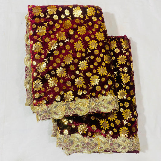 Shirdi Sai Baba Velvet Vastra Set | Samadhi Cloth, Head & Neck Scarf for Idol Decoration – Velvet Fabric with Maroon & Golden Floral Design and Border