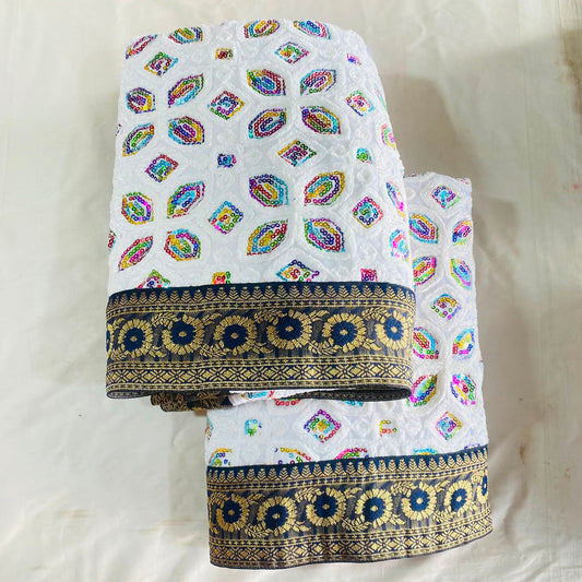 Shirdi Sai Baba Velvet Vastra Set | Samadhi Cloth, Head & Neck Scarf for Idol Decoration – Velvet Fabric with White, Multi-Colour Design & Navy-Gold Border