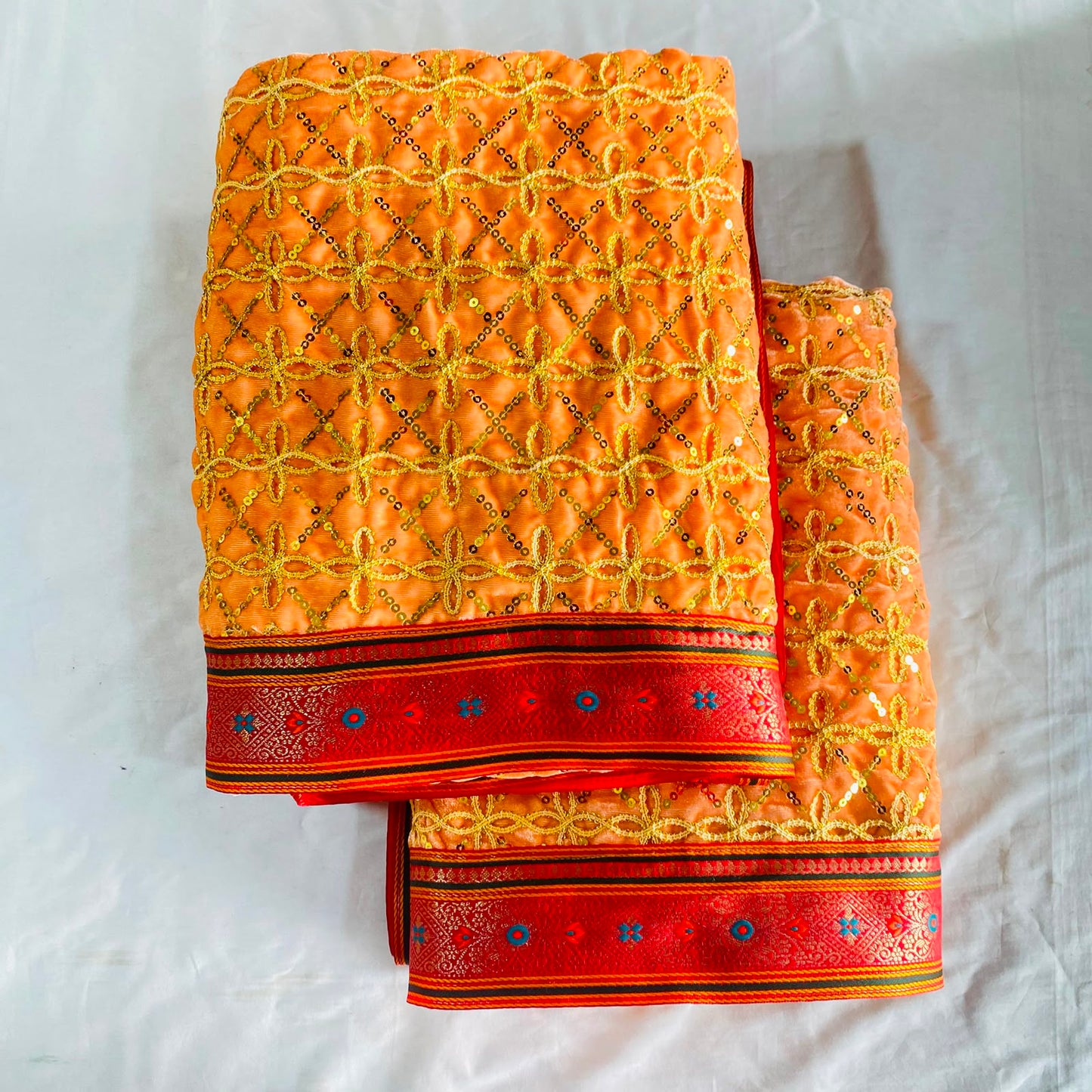 Shirdi Sai Baba Velvet Vastra Set | Samadhi Cloth, Head & Neck Scarf for Idol Decoration – Velvet Fabric with Peach Orange, Golden Embroidery & Red Border